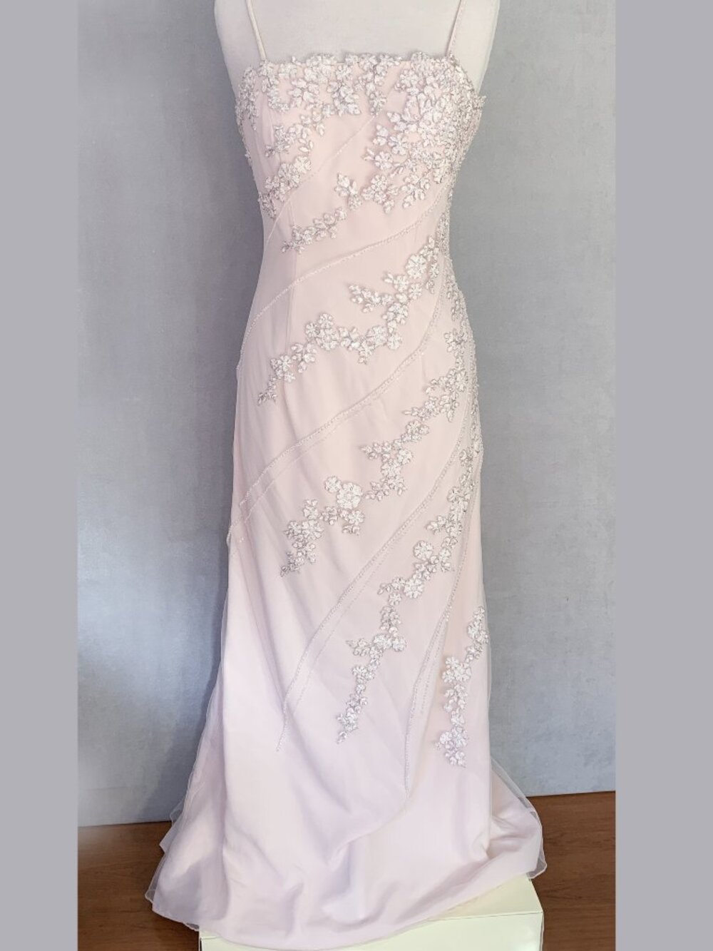 Mon Cheri Bridals Sequin & Beaded Appliqué Gown | Pale Blush & Silver | Size 6